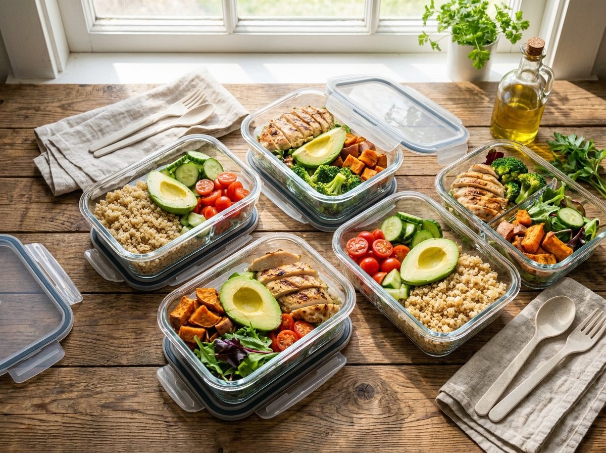 Healthy meal-prep containers with chicken, quinoa and vegetables