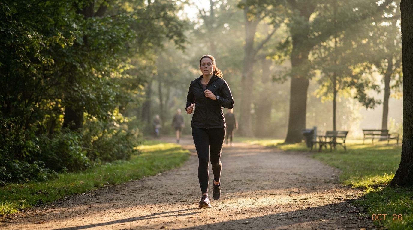 Woman jogging in a park at sunrise