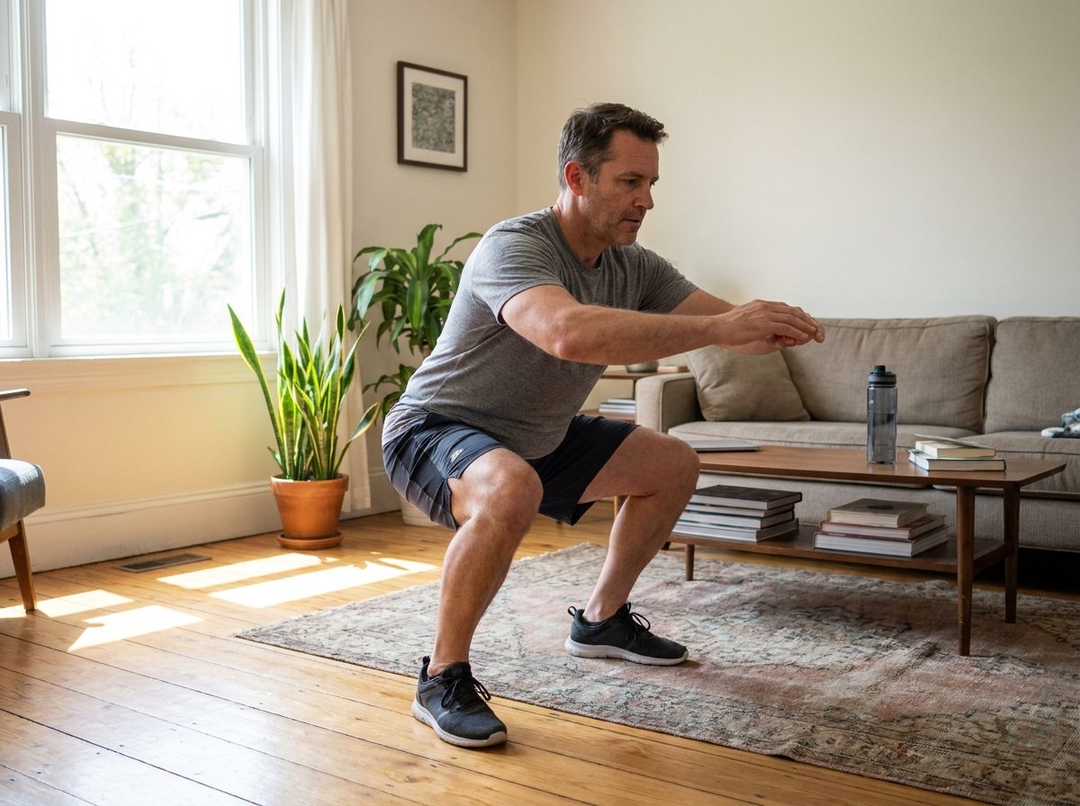 Man doing squats in his living room